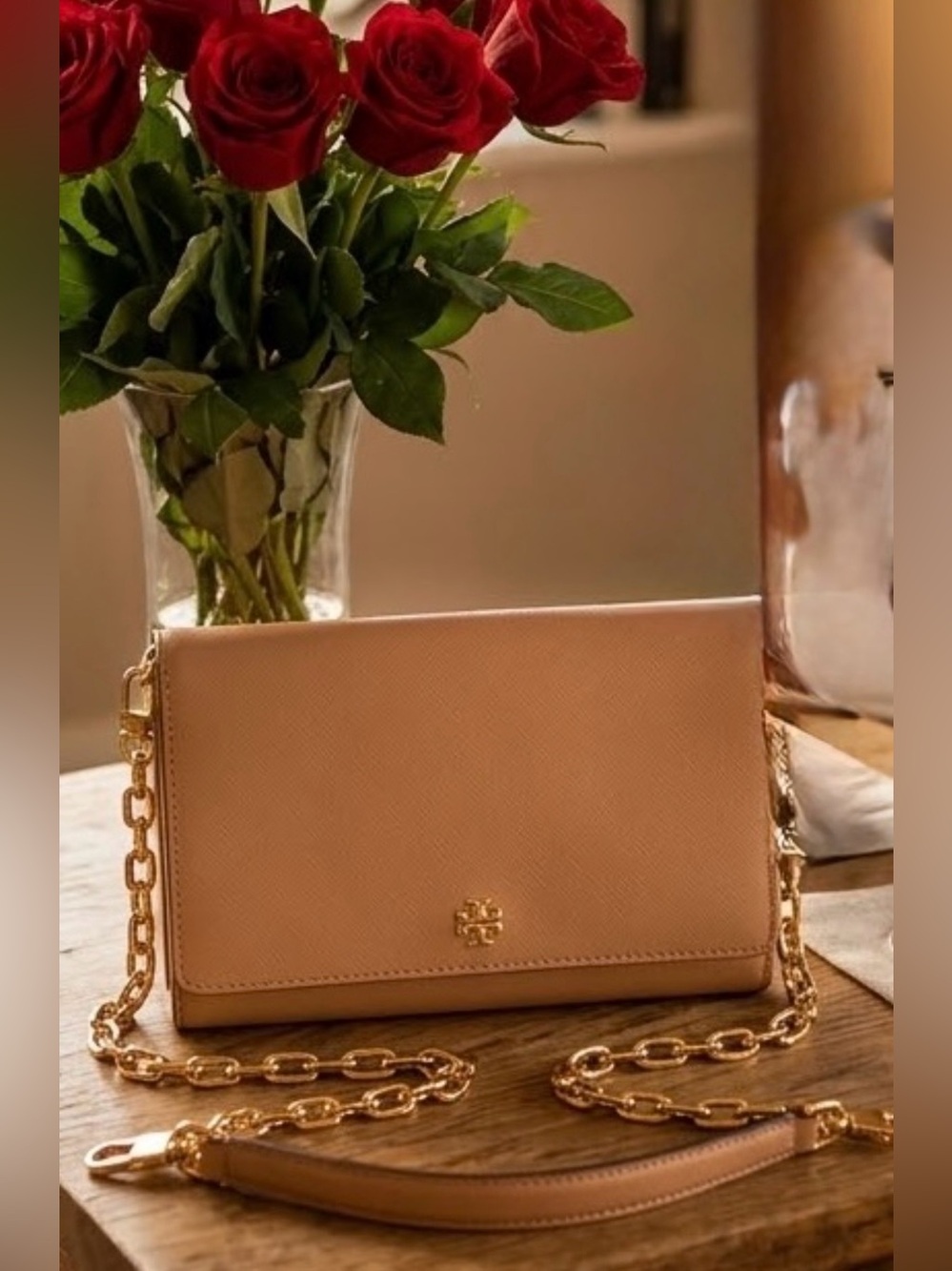 Tory Burch Emerson Chain Wallet Saffiano Leather Cardamom / Tan Crossbody Bag